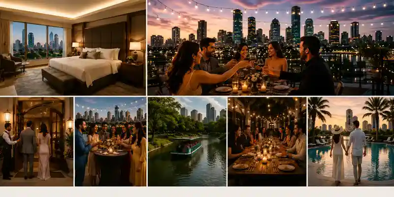 Luxury Houston staycation collage featuring a hotel suite, rooftop dining, river cruise, group celebration, and romantic evening by the pool.